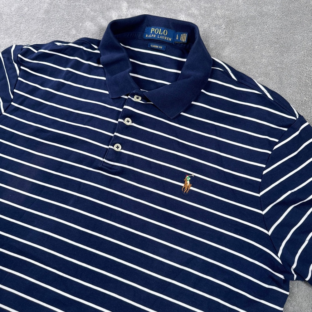 Polo Ralph Lauren Polo Shirt Mens Large Blue Striped Pima Soft Touch Classic Fit